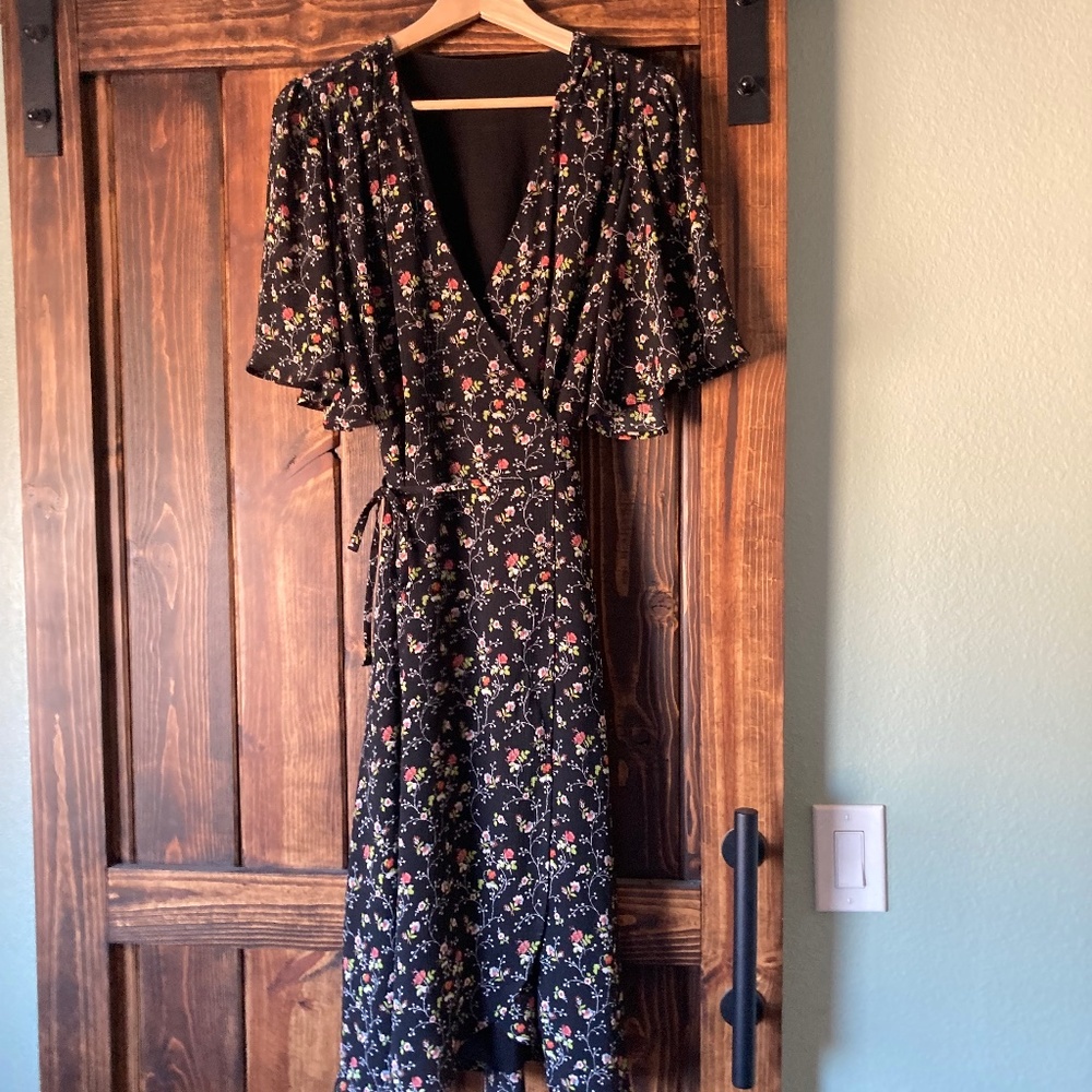 Black floral wrap midi dress